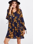Shein Flower Print Ruffle Cuff Dress