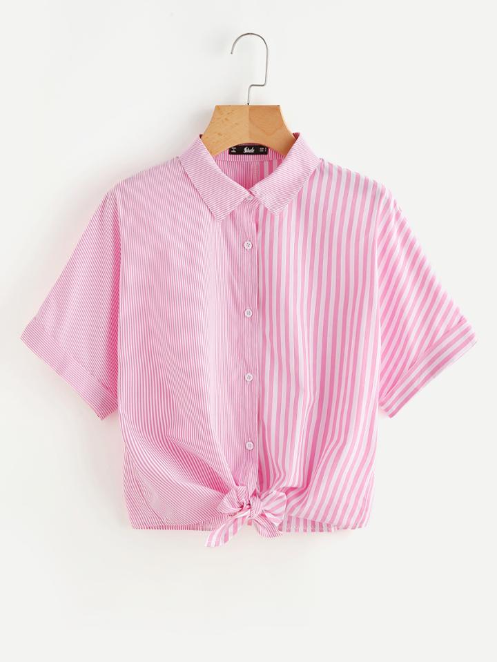 Shein Knot Front Mixed Striped Shirt