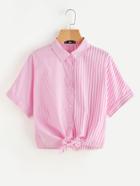 Shein Knot Front Mixed Striped Shirt