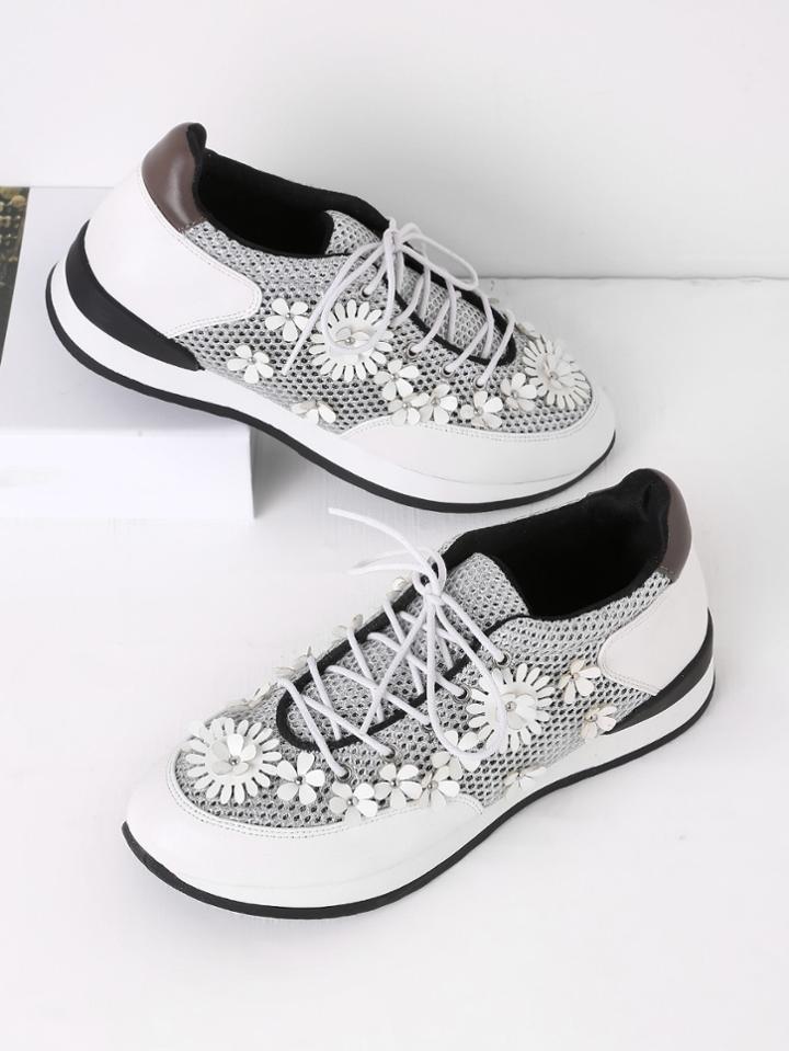 Shein Flower Embellished Lace Up Sneakers