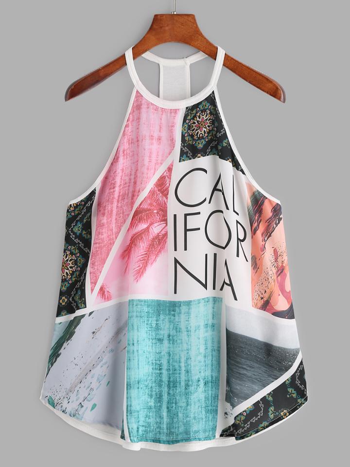 Shein Graphic Print Curved Hem Halter Top
