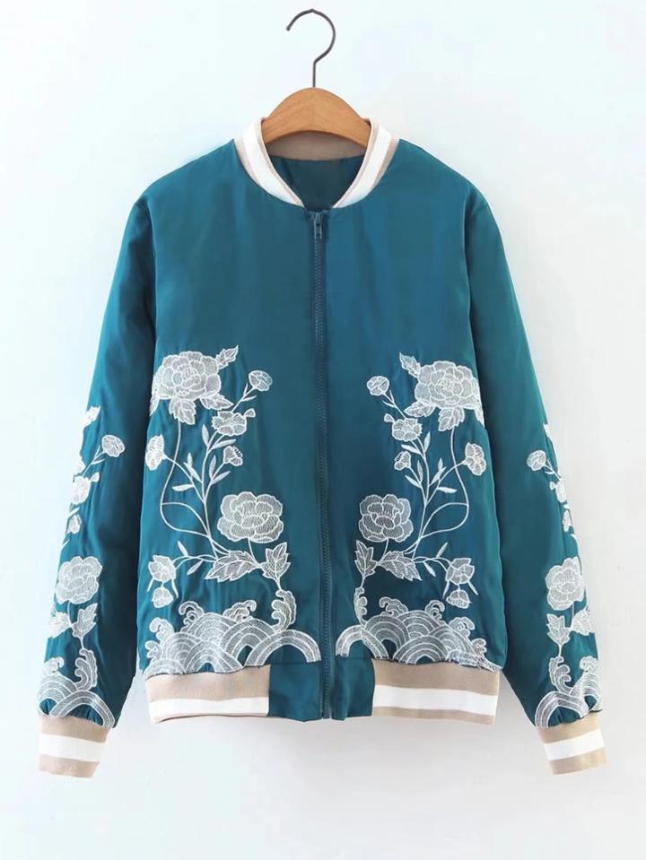 Shein Striped Trim Floral Embroidered Jacket