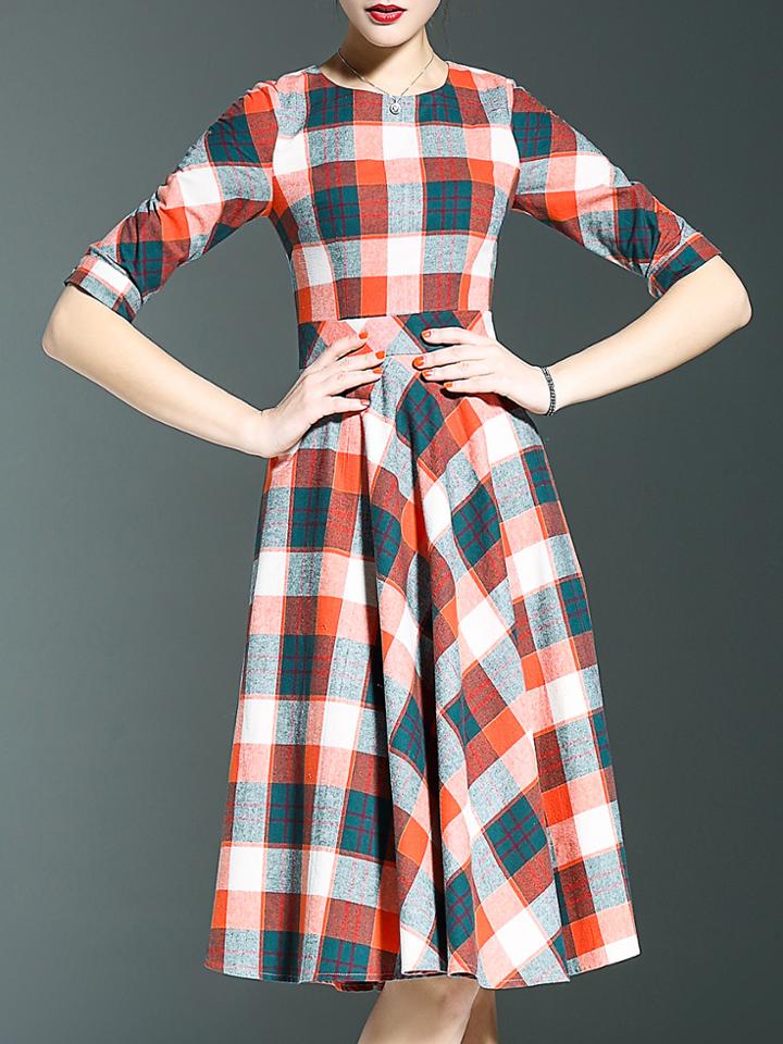 Shein Orange Plaid Pockets A-line Dress