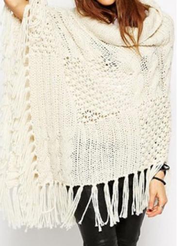 Rosewe Fringe Decorated Asymmetric Beige Cloak Sweater
