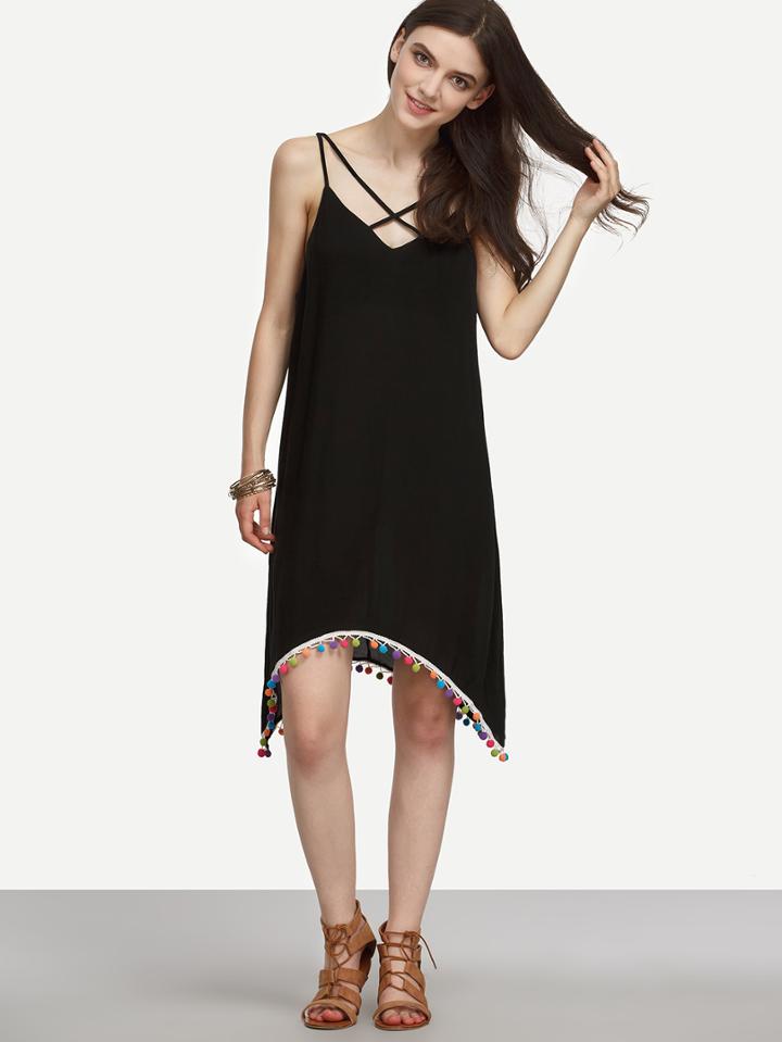Shein Black Crisscross Sleeveless Asymmetrical Pom-pom Hem Dress