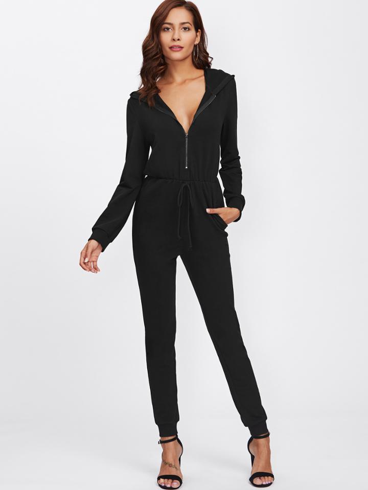 Shein Drawstring Waist Hoodie Solid Jumpsuit