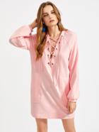 Shein Grommet Lace Up Plunge Neck Raglan Sleeve Dress