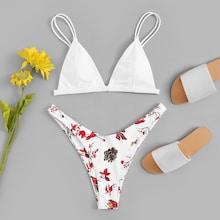 Shein Double Straps With Random Floral High Leg Bikini Set