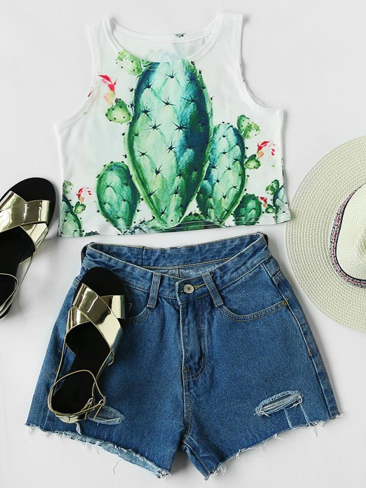 Shein Cactaceae Print Crop Tank Top