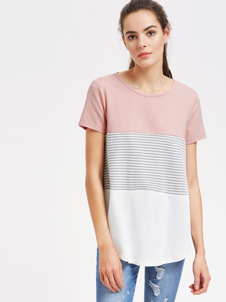 Shein Striped Cut And Sew Curved Hem Tee