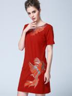 Shein Red Round Neck Short Sleeve Sequined Embroidered Dress
