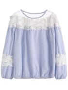 Shein Blue Vertical Striped Mesh Insert Appliques Blouse