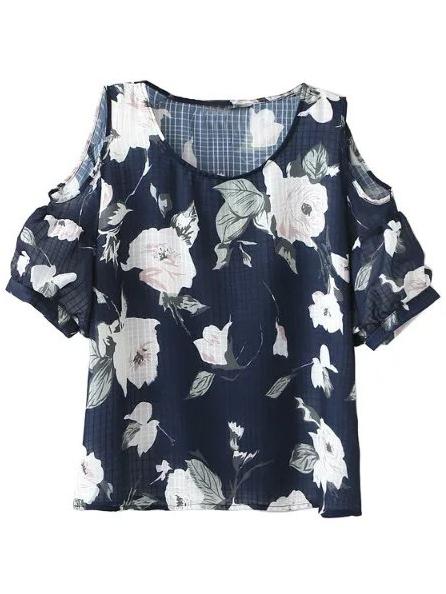 Shein Multicolor Cold Shoulder Short Sleeve Floral Blouse