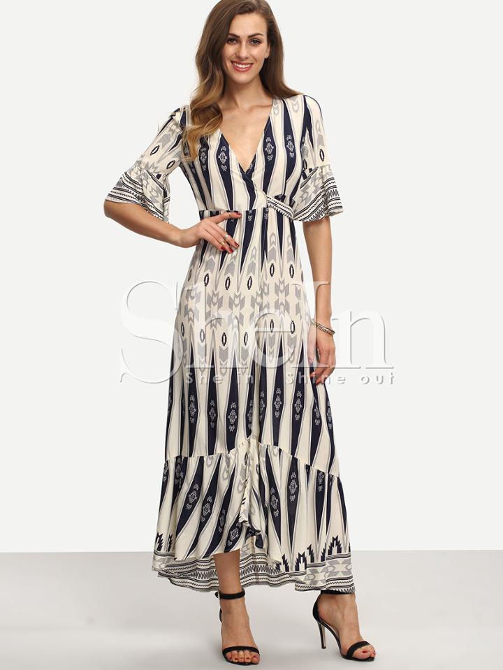 Shein Multicolor Print Half Sleeve Split Maxi Dress