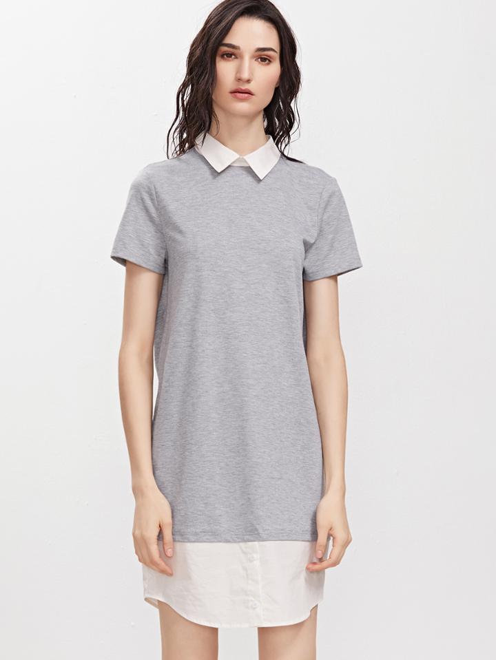 Shein Heather Grey Contrast Collar And Hem Tee Dress