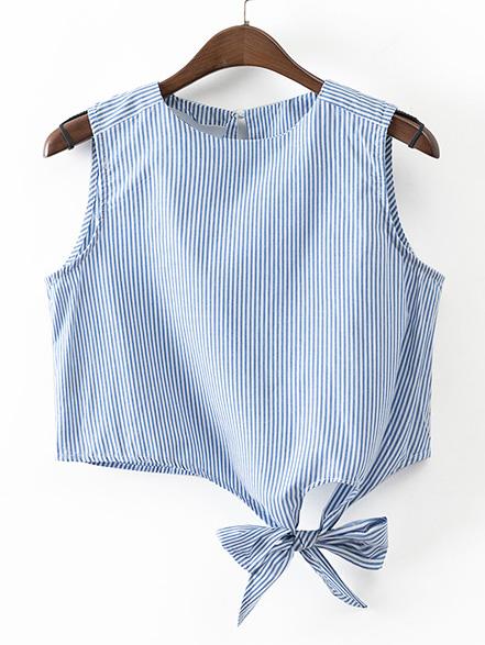 Shein Blue Stripe Key-hole Bow Tie Crop Top