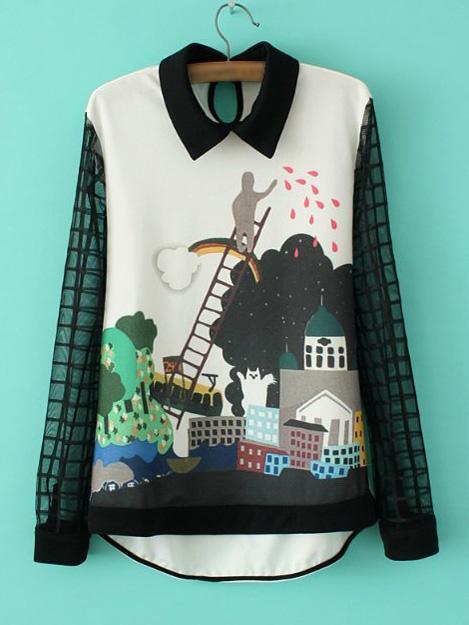 Shein Multicolor Dip Hem Plaid Sleeve Castle Printed Blouse