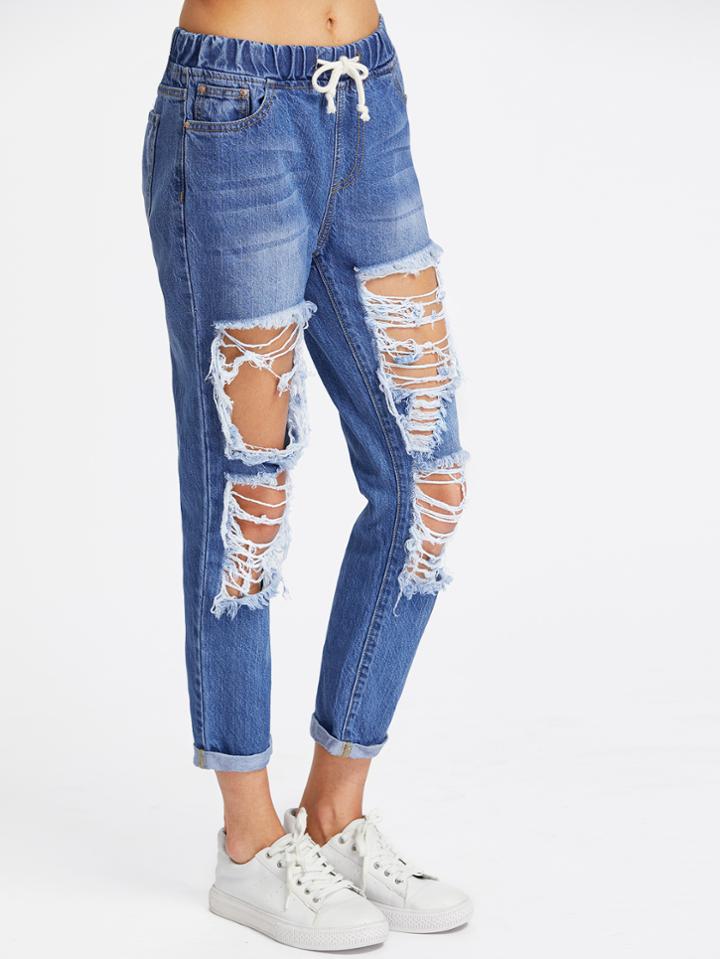 Shein Drawstring Waist Bleach Wash Destroy Jeans