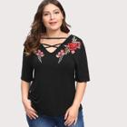 Shein Plus Crisscross V Neck Embroidery Applique Top