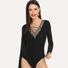 Shein Lace Up V Neck Ribbon Bodysuit