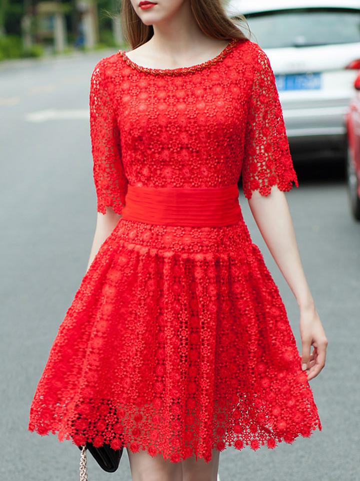 Shein Red Crochet Hollow Out Beading Obi Dres