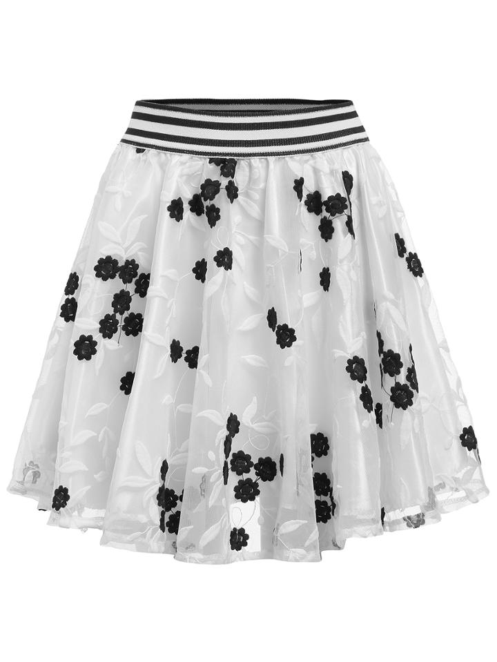 Shein White Striped Trim Embroidered A-line Skirt