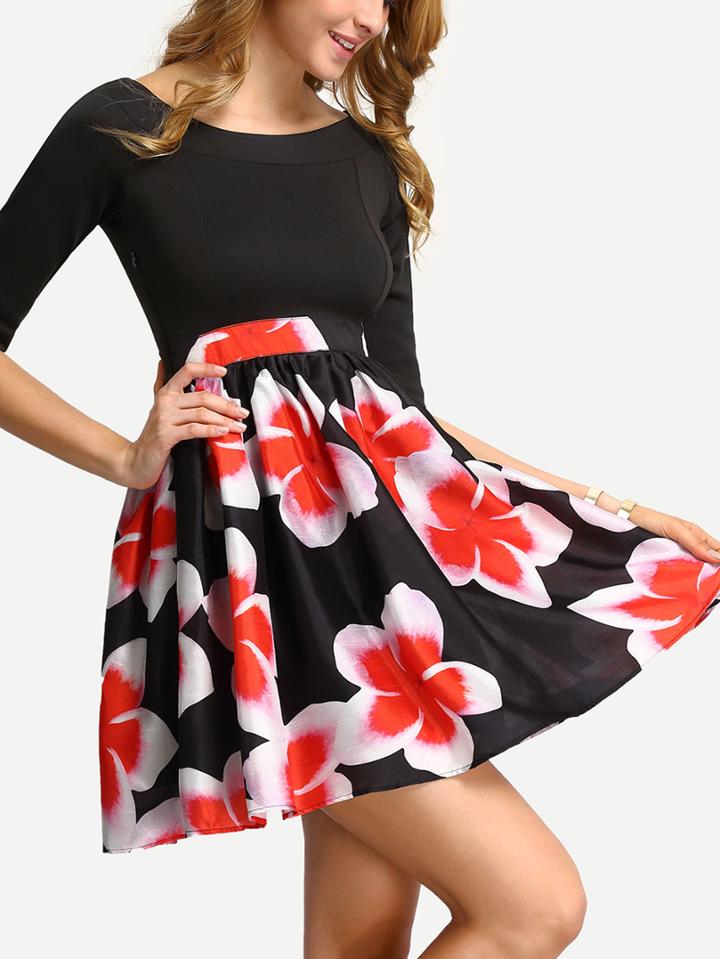 Shein Boat Neck Half Sleeve Flower Print A-line Dress