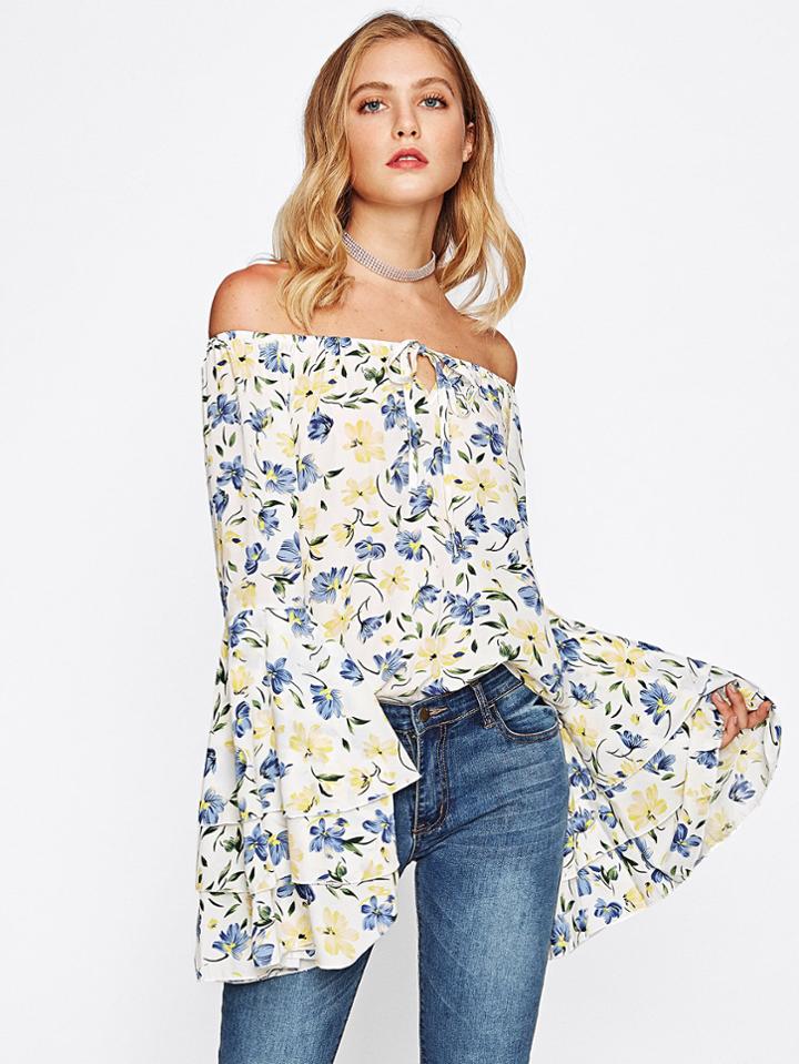 Shein Bardot Tiered Flare Sleeve Calico Print Blouse