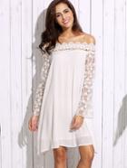 Shein White Off The Shoulder Appliques Lace Sleeve Shift Dress