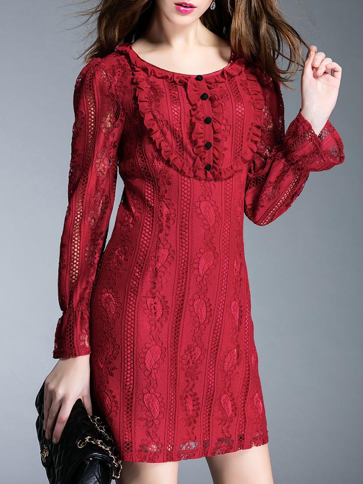 Shein Burgundy Crew Neck Ruffle Hollow Lace Dress