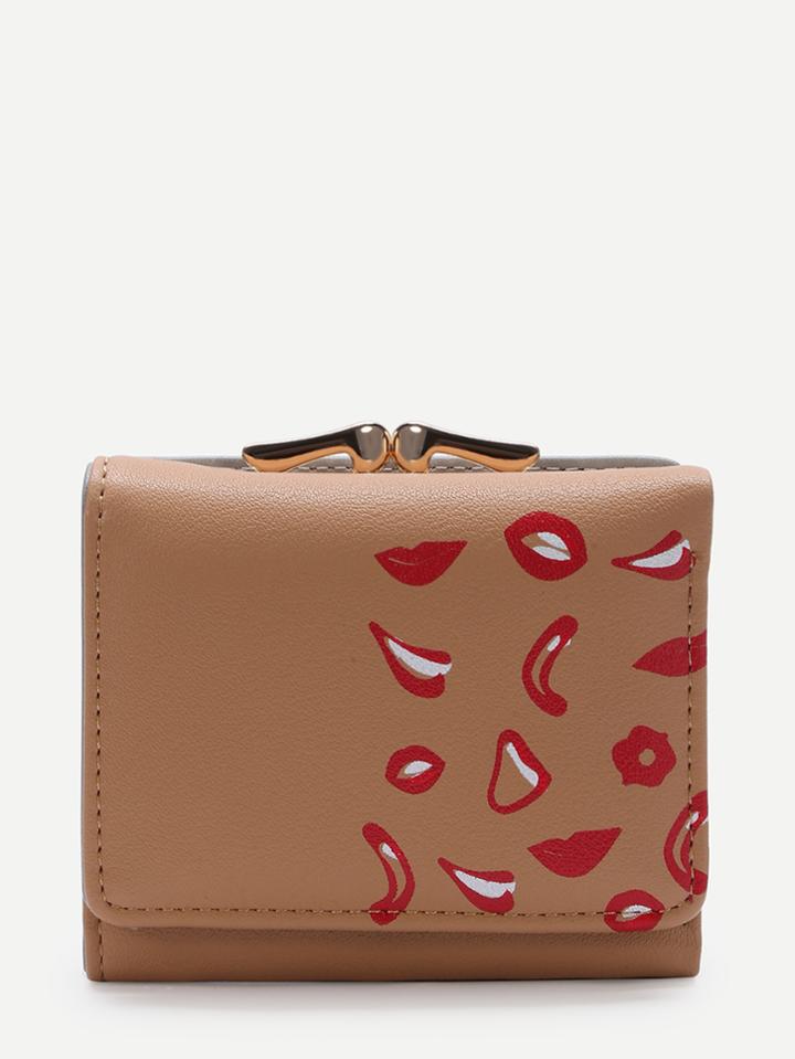 Shein Khaki Lip Print Kiss Lock Pu Wallet