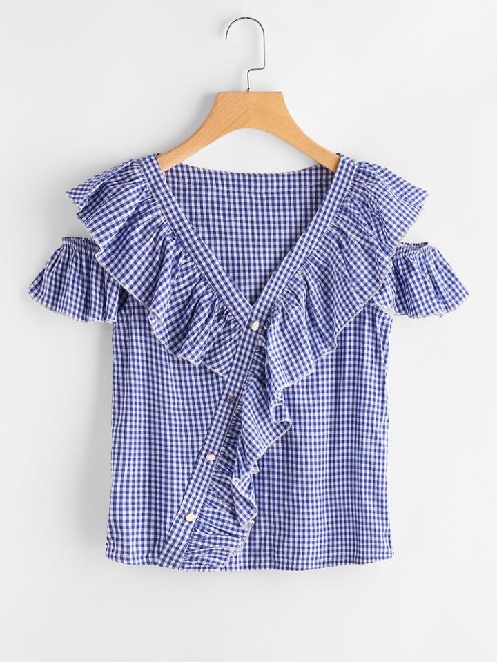 Shein Frill Detail Open Shoulder Asymmetric Placket Gingham Blouse