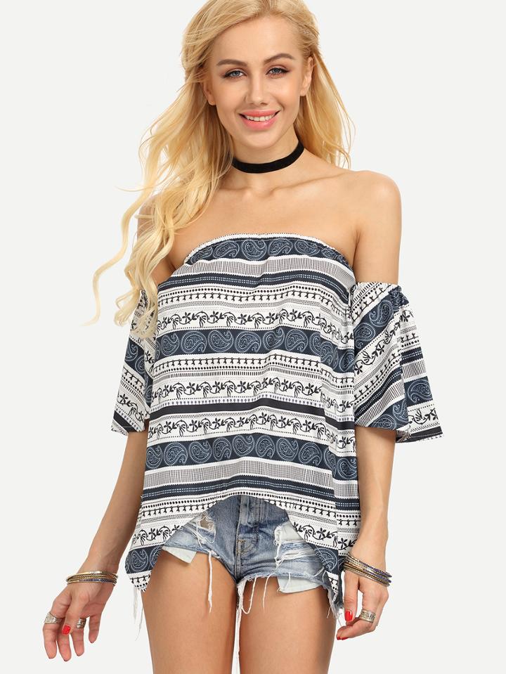 Shein Off-the-shoulder Multicolor Paisley Print Asymmetric Top