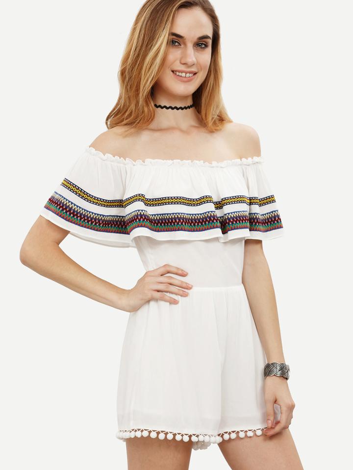 Shein White Off The Shoulder Ruffle Pom-pom Hem Jumpsuit