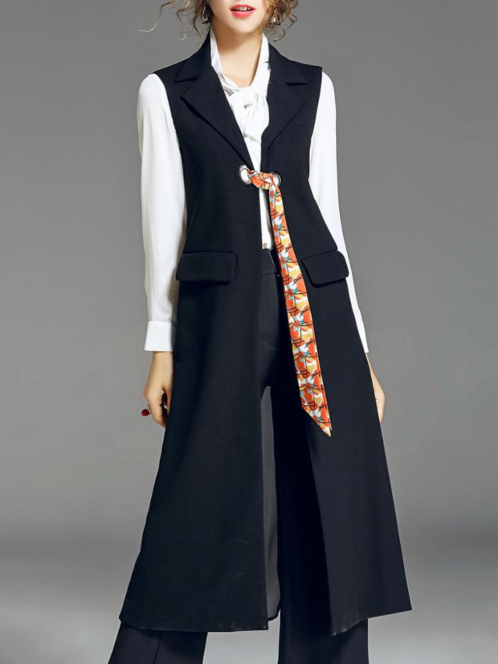 Shein Lapel Tie Pockets Long Vest