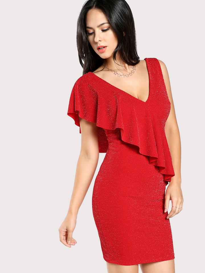Shein Asymmetric Ruffle Trim Glitter Dress