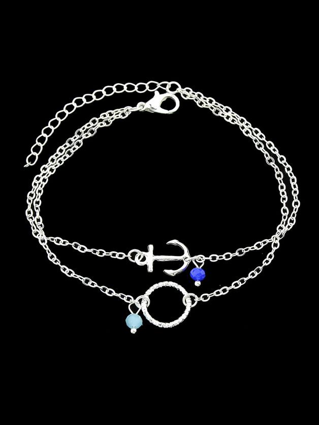 Shein Silver Multi Layers Chain With Anchor Round Shape Charm And Beads Bracelets