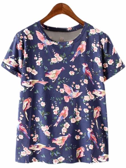 Shein Blue Short Sleeve Floral Bird Print T-shirt