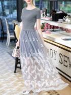 Shein Grey Short Sleeve Knit Contrast Gauze Embroidered Dress