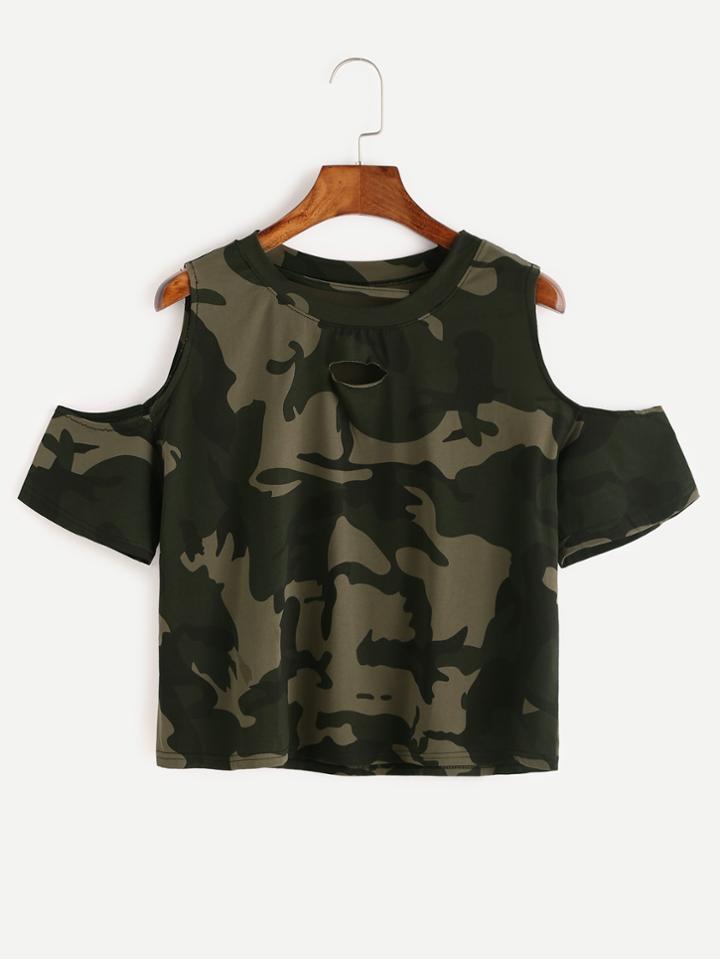 Shein Open Shoulder Camo Print Ripped T-shirt