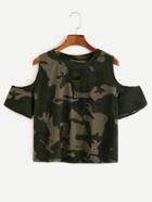 Shein Open Shoulder Camo Print Ripped T-shirt