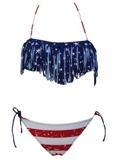Rosewe Fringe Decorated American Flag Printed Bikini