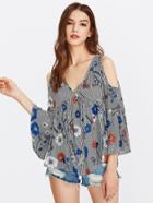 Shein Random Print Open Shoulder Fluted Sleeve Top