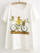 Shein White Short Sleeve Girl Bike Print T-shirt