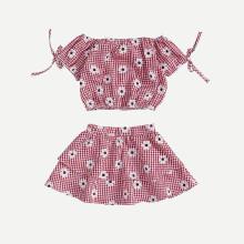 Shein Girls Floral Print Gingham Top With Skirt