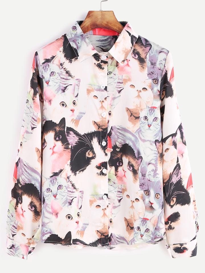 Shein Cats Print Long Sleeve Button Front Shirt