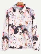 Shein Cats Print Long Sleeve Button Front Shirt