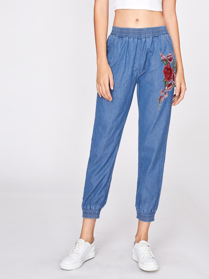 Shein Embroidered Flower Applique Gathered Hem Jeans
