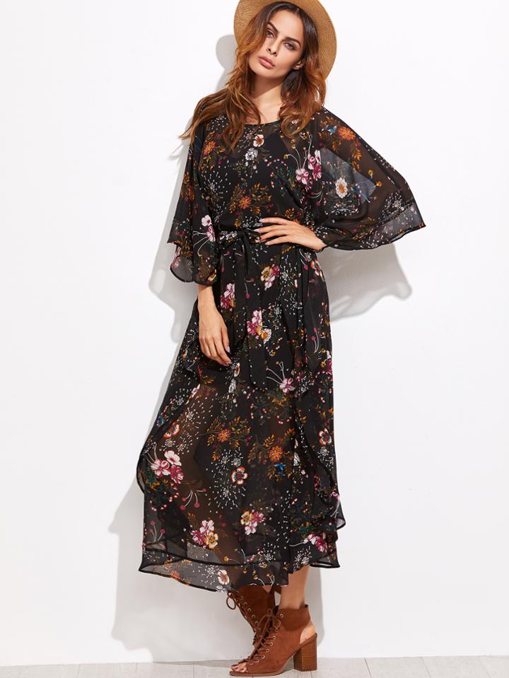 Shein Floral Self Tie Dress With Cami Top