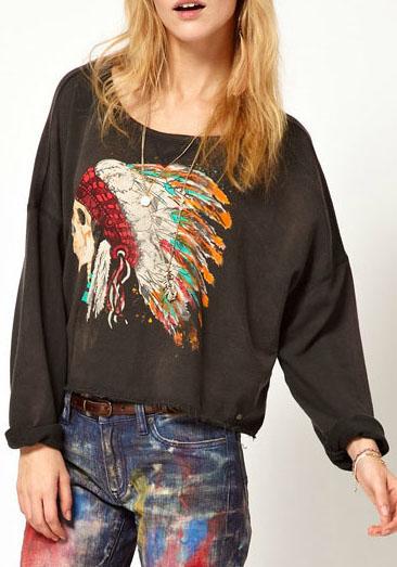 Shein Black Indiana Skull Print Loose Sweatshirt